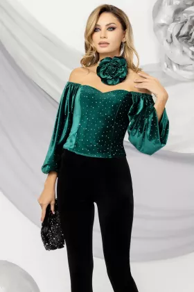 Bluza tip corset Pretty Girl verde din catifea cu insertii aurii