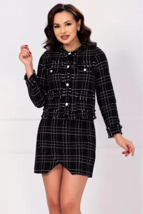 Compleu negru Pretty Woman din tesatura chanel cu fusta mini si sacou