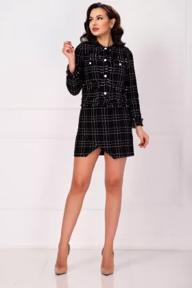 Compleu negru Pretty Woman din tesatura chanel cu fusta mini si sacou