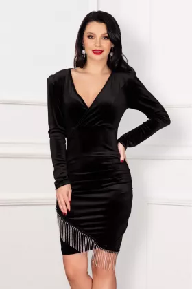 Rochie de seara din catifea Norah neagra cu franjuri din strassuri