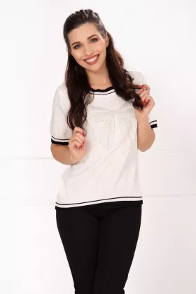 Bluza casual de primavara din tricot fin alba cu funda din perle