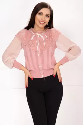 Bluza rose din tricot fin cu volane din dantela