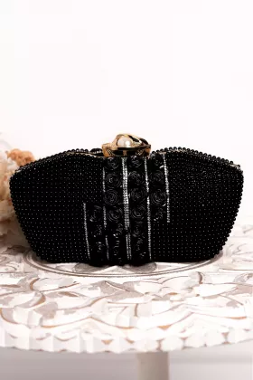 Clutch elegant negru cu trandafiri decorativi si strassuri