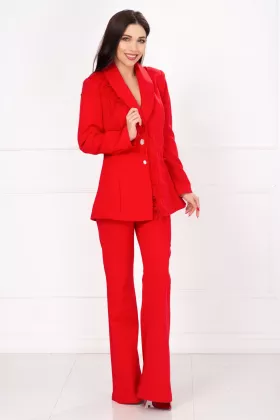 Compleu Valentine&#39;s rosu elegant cu pantalon evazat si aplicatie din fulgi