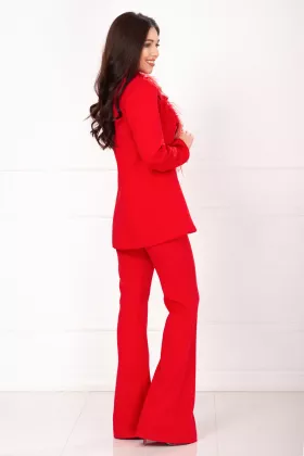 Compleu Valentine&#39;s rosu elegant cu pantalon evazat si aplicatie din fulgi