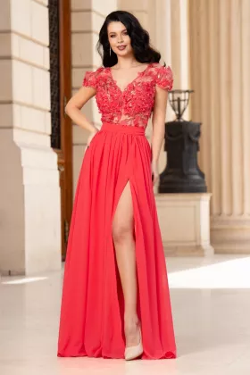 Rochie de seara Larissa coral din voal cu flori 3D