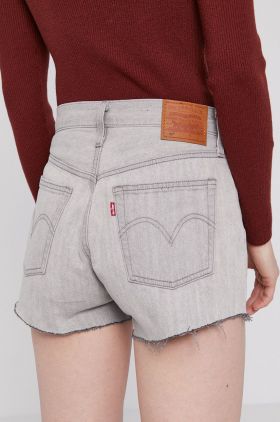 Levi's Pantaloni scurți jeans femei, culoarea gri, material neted, high waist