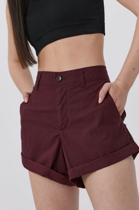 Superdry Pantaloni scurți femei, culoarea bordo, material neted, medium waist