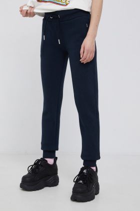 Superdry Pantaloni femei, culoarea albastru marin, material neted