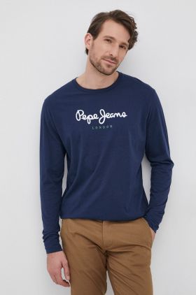 Pepe Jeans Longsleeve din bumbac culoarea albastru marin, cu imprimeu