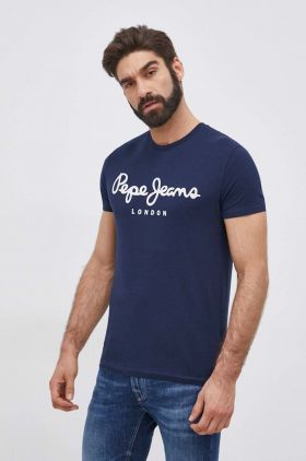 Pepe Jeans Tricou Original Stretch bărbați, culoarea albastru marin, cu imprimeu