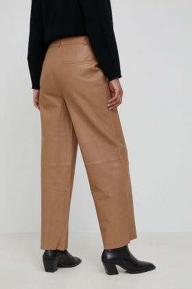 Gestuz pantaloni de piele femei, culoarea maro, drept, high waist