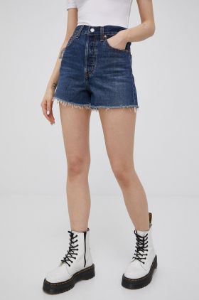 Levi's pantaloni scurti jeans femei, culoarea albastru marin, neted, high waist