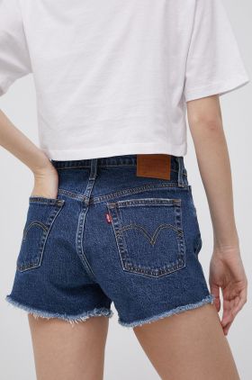 Levi's pantaloni scurti jeans femei, culoarea albastru marin, neted, high waist