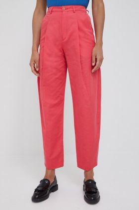 Drykorn pantaloni de bumbac femei, culoarea roz, lat, high waist