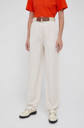 Emporio Armani pantaloni din in femei, culoarea bej, drept, high waist