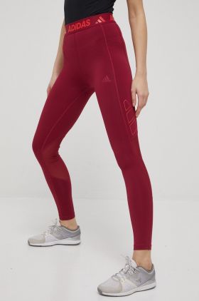 adidas Performance leggins de antrenament Tech Fit 3 Bar femei, culoarea bordo, cu imprimeu