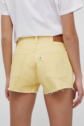 Levi's pantaloni scurti jeans femei, culoarea galben, neted, high waist