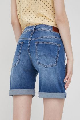 Pepe Jeans pantaloni scurti jeans Poppy femei, culoarea albastru marin, neted, medium waist