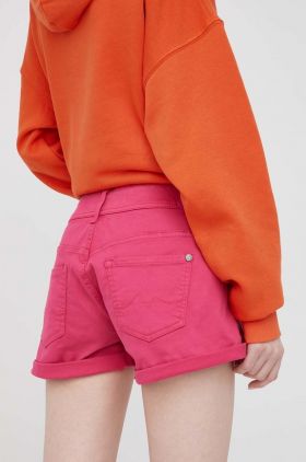 Pepe Jeans pantaloni scurti jeans Siouxie femei, culoarea violet, neted, high waist