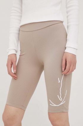 Karl Kani pantaloni scurți femei, culoarea bej, cu imprimeu, medium waist KW2210152-taupe