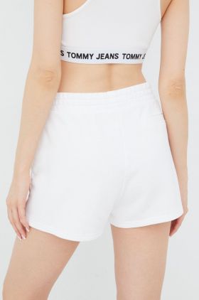 Tommy Jeans pantaloni scurti din bumbac femei, culoarea gri, neted, high waist