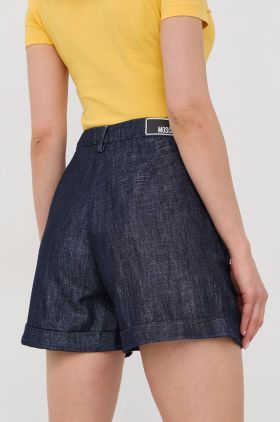 Love Moschino pantaloni scurti femei, culoarea albastru marin, neted, high waist