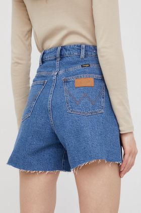 Wrangler pantaloni scurti jeans femei, culoarea albastru marin, neted, high waist