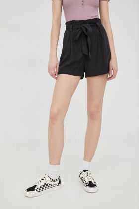 Superdry pantaloni scurti femei, culoarea negru, neted, high waist