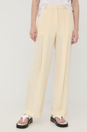 Victoria Beckham pantaloni de matase femei, culoarea bej, lat, high waist