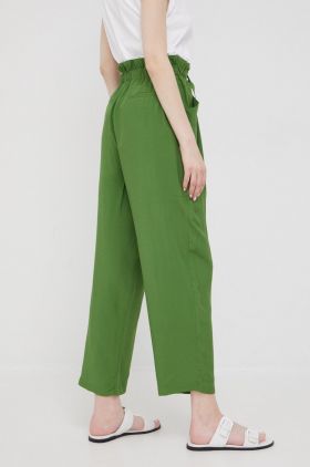 Sisley pantaloni femei, culoarea verde, drept, high waist