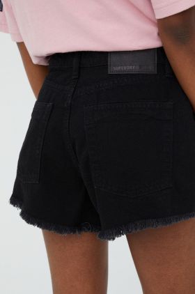 Superdry pantaloni scurti jeans femei, culoarea negru, neted, high waist