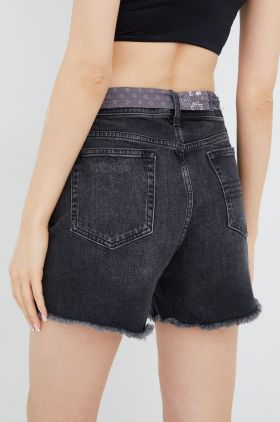 Superdry pantaloni scurti jeans femei, culoarea gri, neted, medium waist