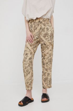 Sisley pantaloni femei, culoarea bej, drept, high waist