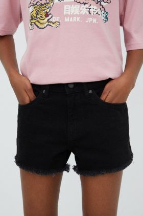 Superdry pantaloni scurti jeans femei, culoarea negru, neted, high waist