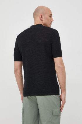 Sisley tricou polo din in culoarea negru, neted