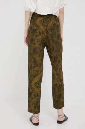 Sisley pantaloni femei, culoarea verde, drept, high waist