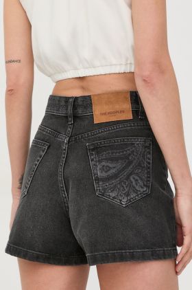 The Kooples pantaloni scurti jeans femei, culoarea gri, neted, high waist