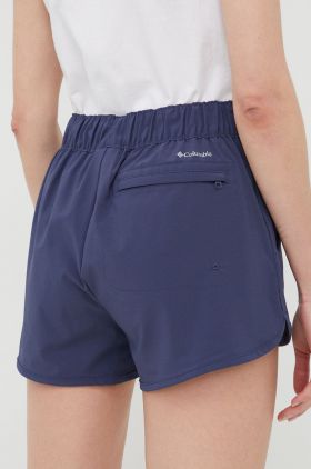 Columbia pantaloni scurți outdoor Pleasant Creek femei, culoarea albastru marin, neted, high waist