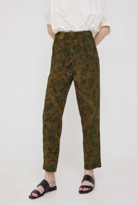 Sisley pantaloni femei, culoarea verde, drept, high waist