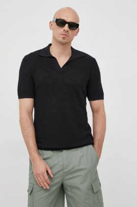 Sisley tricou polo din in culoarea negru, neted