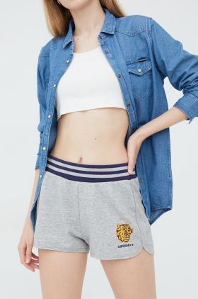 Superdry pantaloni scurti femei, culoarea gri, cu imprimeu, high waist