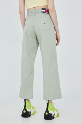 Tommy Jeans pantaloni din amestec de in Betsy femei, culoarea verde, lat, high waist