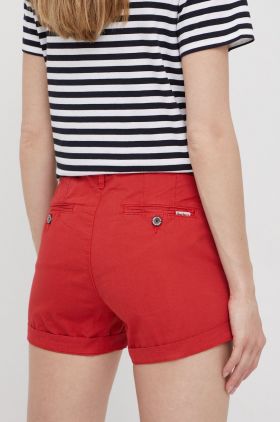 Pepe Jeans pantaloni scurti din bumbac Balboa Short femei, culoarea rosu, neted, medium waist