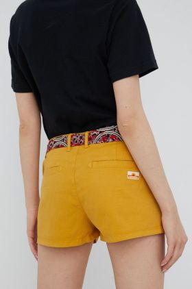 Superdry pantaloni scurti femei, culoarea galben, neted, medium waist