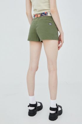 Superdry pantaloni scurti femei, culoarea verde, neted, medium waist