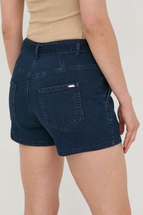 Morgan pantaloni scurti jeans femei, culoarea albastru marin, neted, high waist