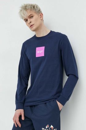 HUF longsleeve din bumbac culoarea albastru marin, cu imprimeu