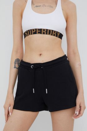 Superdry pantaloni scurti femei, culoarea negru, neted, medium waist