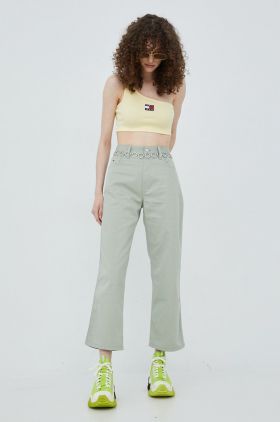 Tommy Jeans pantaloni din amestec de in Betsy femei, culoarea verde, lat, high waist